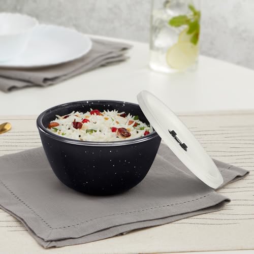 Image of Borosil 500ml Serving & Mixing Bowl with Lid | Made in India Borosilicate Glass Bowl for Kitchen & Dinning | Bowl for Mixing Dough, Salad, Batter | Microwave & Dishwasher Safe (Pebble Black)