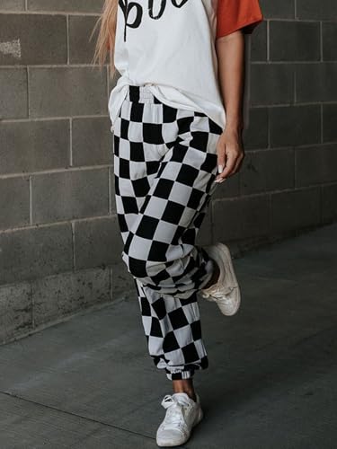 Sunloudy Womens Checkered Jogger Pant Elastic Waisted Color Block Gingham Loose Fitted Lounge Trouser Streetwear2