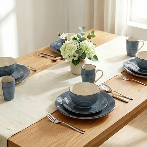 Alivio 16-Piece Porcelain Dinner Set, Lead-Free Blue Glaze Dinnerware Set for 4, Microwave & Dishwasher Safe Plates, Bowls & Mugs (Grey) - Image 3