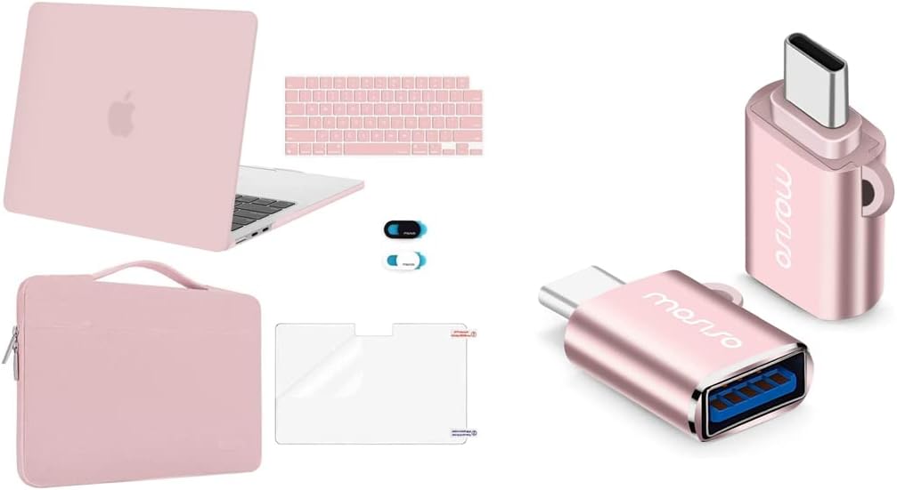 MOSISO Compatible with MacBook Air 13.6 inch Case 2022 Release A2681&USB C to USB Adapter 2 Pack, Carrying Sleeve Bag&Keyboard Cover&Webcam Cover&Screen Protector, Baby Pink & Rose Gold