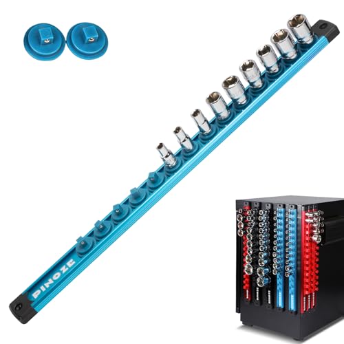 Image of PINOZE 1 /4 inch Magnetic Socket Holder Organizer - Aluminum Alloy Socket Rail Tray for Tool Box Drawer, Socket Rack with Extra 2Pcs Replacement Clips for Automotive Garage(Blue)