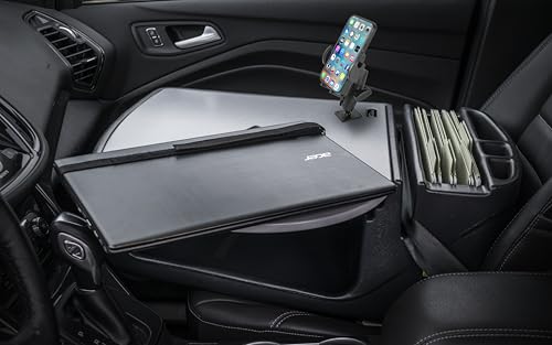 Image of AutoExec AE-RMCD-PM-GT Roadmaster Car Desk for Your Vehicle Workstation and Mobile Office, with Phone Mount | Adjustable Laptop Plate, Extends 3 Inches Past Edge, Seat-Belt Secured, Includes Velcro & Security Strap