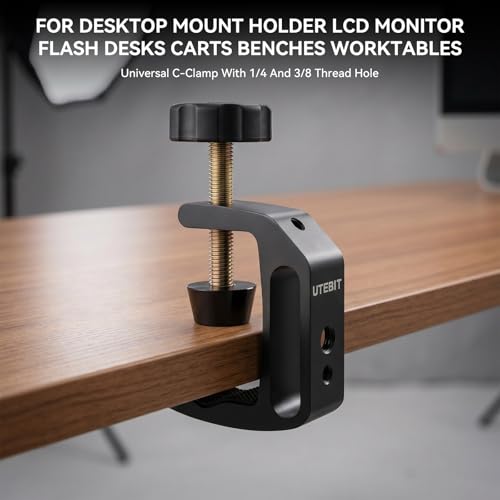 Image of UTEBIT Universal C-Clamp for Desktop Mount Holder, with 1 /4 inch & 3 /8 inch Thread | 3.7 inch-5.7 inch Desk C-Clamp Aluminum Support Clamp for Desktop Mount Carts Benches Worktables, Black