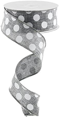 Grey with White Polka Dot Accent Wired Ribbon, 1.5 Inches x 10 Yards