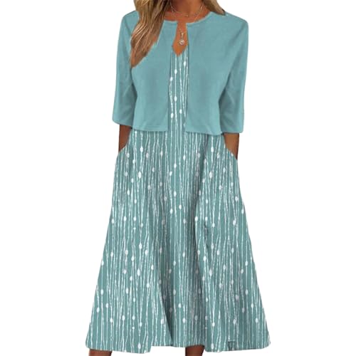 XNC Womens 2 Piece Set Fashion Fresh Plant Print Midi Dress V-Neck Half Sleeve with Jacket A-line Dresses Lounge Outfits