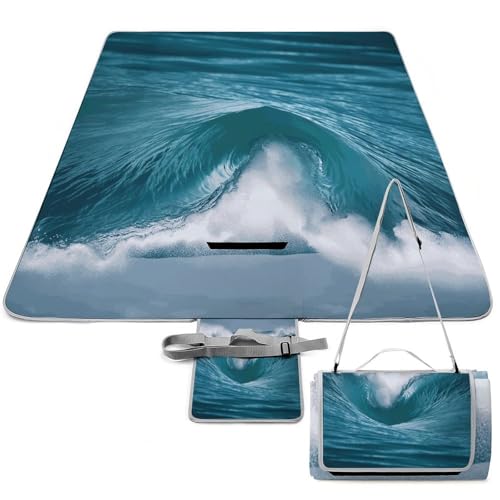 VstaDank Ocean Wave Beach Blanket Thickened Foldable Camping Mats Soft Lightweight Beach Pad Square Picnic Blankets with Shoulder Strap for Park Grass Patio Hiking