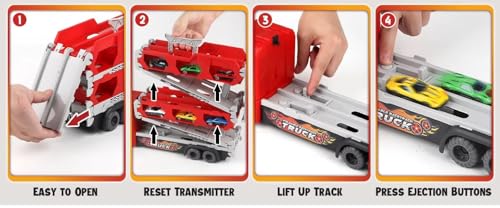 Image of TEC TAVAKKAL Big Hauler Storage & Transform Transport Truck Toy for Kids |3-in-1 Carrier Truck with 2 Foldable Ejection Race Tracks & 4 Die-Cast Cars |61 Inch Dual Racing Track |Educational Toy