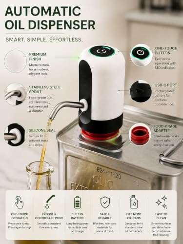 Image of Automatic Oil Dispenser Pump for 15 Litre /Kg Oil Tin, Stainless Steel, USB Rechargeable, Smart Touch Operation, Continuous Flow, Food-Grade Silicone Tube, Leak-Proof Oil Pump for Kitchen (Pack of 1)