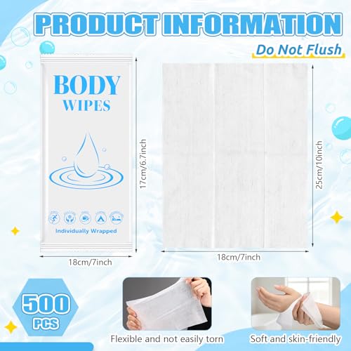 Image of Mindsoft 500 Pcs Large Body Wipes Bulk, 7.09 inch x 9.84 inch,Individually Wrapped Body Wipes No Rinse Wet Wipe Adult Disposable Bodies Shower Wipe for Homeless Care Package Supplies Men Women Items
