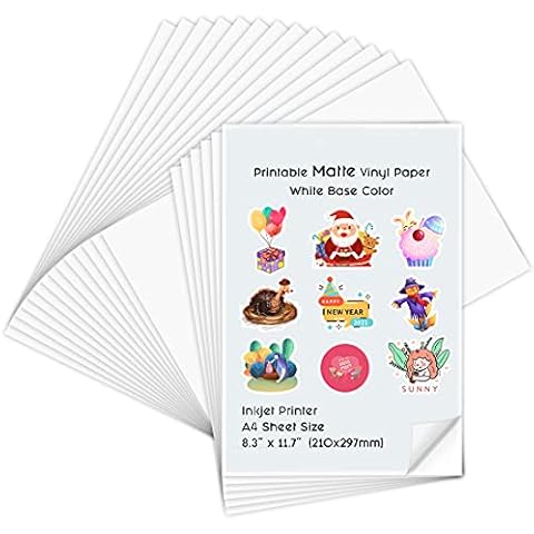 Printable Vinyl for Inkjet Printer, 20 Sheets Premium Matte White Printable Vinyl Paper,8.3"x 11.7" Cover