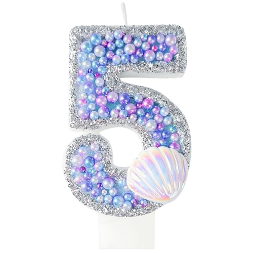 laackys Birthday Candles, Pink Shell Sequins Blue Purple Pearl Boy Girl Birthday Cake for Mermaid Birthday Theme Birthday Decorations Candle Party Supplies Number 4 Candle (5)