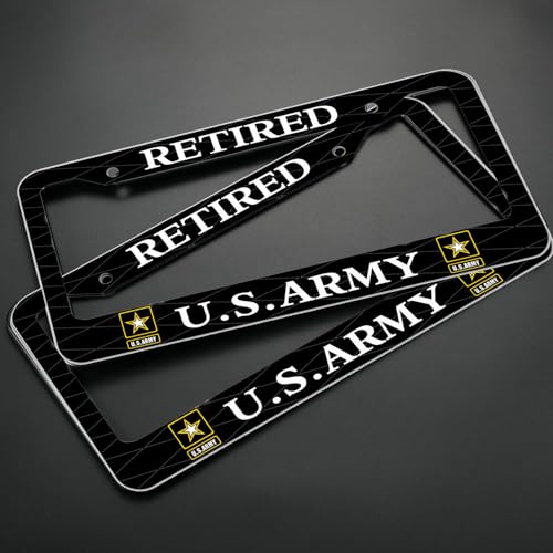 Image of 2PCS License Plate Frames for Retired U.S.Army,Car License Plate Bracket Holder, Premium Aluminum Alloy Weather Proof License Plate Covers with Screw Caps Cover Set Car Accessories