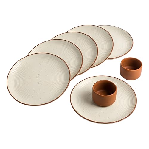 Image of miah decor Quarter Plates Set of 6, Ceramic Stoneware Plates | Cream Snack & Side Plates with Brown Rim | Ribbed Design | Microwave & Dishwasher Safe (MD-702)