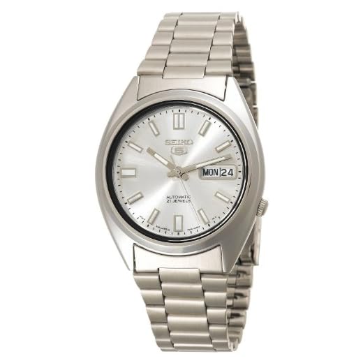 Relógio masculino Seiko SNXS73 Seiko 5 automático com mostrador branco e pulseira de aço inoxidável, Prata, Pulseira