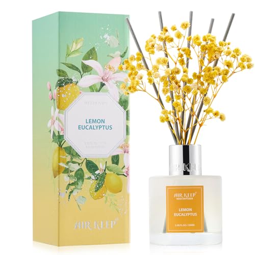 Image of Airkeep Reed Diffuser Set,3.38 fl oz (100 ml) - Lemon Eucalyptus Oil Diffusers with 8 Reed Sticks, Home Fragrance Reed Diffuser for Bathroom Shelf Decor