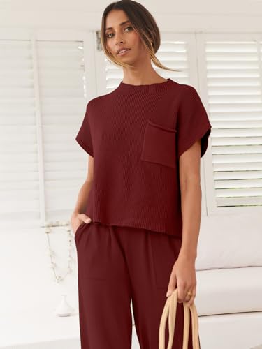 Image of ANRABESS Women's Two Piece Outfits Sweater Sets Knit Pullover Tops and High Waisted Pants Tracksuit Lounge Sets