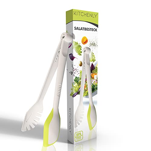 KITCHENLY Salatbesteck und Spaghettizange mit innovativer 3in1 Funktion, Pastazange und Servierlöffel, Küchenhelfer für Salat, Serviergabel mit Silikonring, spülmaschinenfest Cover