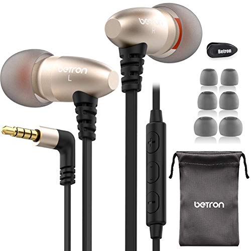 Betron W58 Noise Isolating Headphone, In Ear Earphones with Mic and Volume Control, Balanced Bass Driven Sound, Includes Carry Case and Various Size Earbuds, Gold