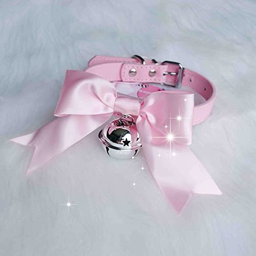 paloli Handmade Bell Choker Collar with Ribbon Bow For Women Kitty Bow Leather Choker Necklace