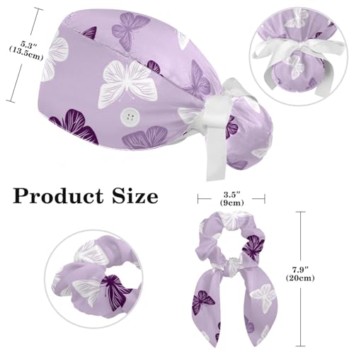 Image of Butterfly Scrub Cap Women with Ponytail & Buttons Adjustable Surgical Nurse Hat with Cotton Sweatband for Long Hair