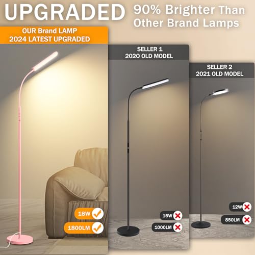 Image of marctronic Pink LED Floor Lamp, 18W 1800LM Bright Floor Lamp with Remote & Works with Smart Plug, Dimmable Timing Eye Caring Reading Light Modern Standing Floor Lamps for Living Room Bedroom Office