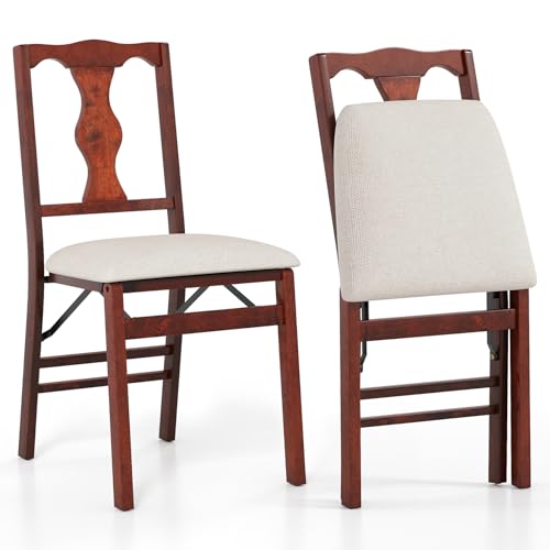 COSTWAY Chaise Pliante Salle a Manger Lot de 2, Chaise de Cuisine Bois, Dossier Design Vintage, Assises Rembourrées, Cadre en Bois de Caoutchouc, Patins...