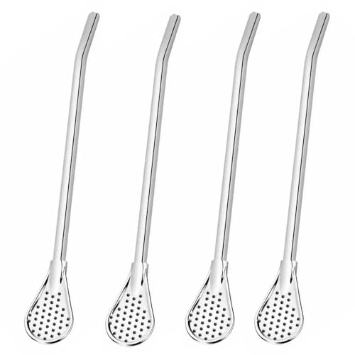 4 piezas de filtro de bebida pajitas de pajitas, cuchara de paja de acero inoxidable té reutilizable beber pajitas con cuchara de filtro para bebidas de café té leche bebida