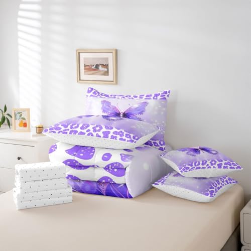 Image of Feelyou Cute Butterfly Full Comforter Set with Sheets for Kids Boys Girls Leopard Print 7 Pieces Bedding Set Butterflies Print Bed in a Bag Glitter Dreamy Princess Soft