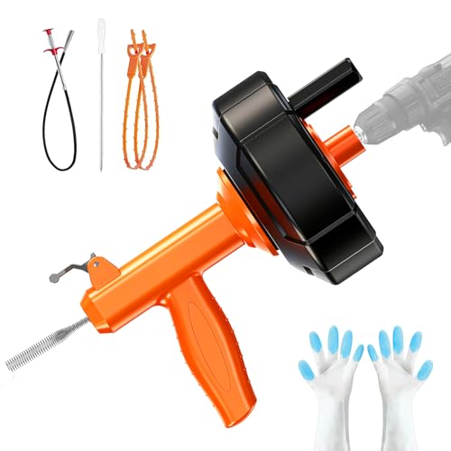 Drain Snake Auto Feed Plumbing Snake with Drill Attachment 25 Feet Flexible Drain Auger Tool Set Included Drain Clog Remover Hair Clog Remover Cleaning Brush