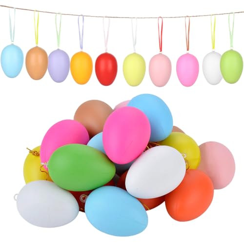 Kaimeilai Lot de 50 œufs de Pâques en plastique multicolores - 6 cm - Œufs de Pâques en plastique à suspendre - Œufs décoratifs de Pâques avec corde...