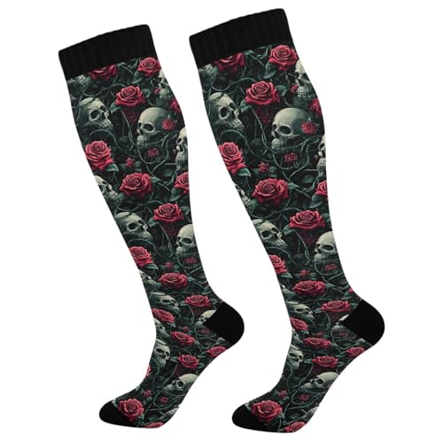 ALAZA Skeleton Red Rose Skull Blossom Compression Socks for Women Men Circulation Long Socks Running Athletic Cycling 1 pair