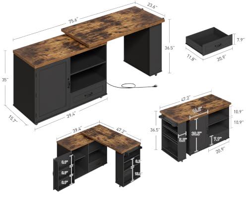Image of Rolling Kitchen Island with 360 Swivel Tabletop, Large Kitchen Island Table with Power Outlet, Mobile Kitchen Island Cart with Storage Cabinets for Kitchen & Office, Black and Rustic Brown