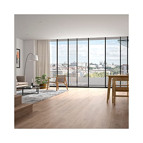 Tarima flotante Purefloor categoría AC5. Grosor 8mm. Uso intensivo doméstico o comercial normal. Paquete 2,324 m² (9 tiras de 1331x194mm). Color roble river.