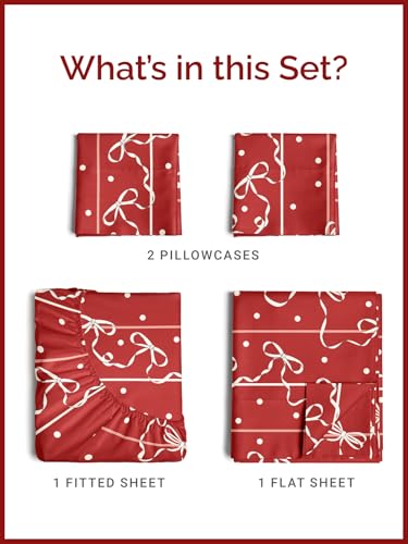 Queen Christmas Ribbon Sheet Set - Holiday Xmas Pattern Bedding Set - Deep Pockets - Snug Fit - 4 Piece - Wrinkle Free & Easy Care - Comfy Festive Winter - Holiday Sheets for Women, Men, Kids & Teens