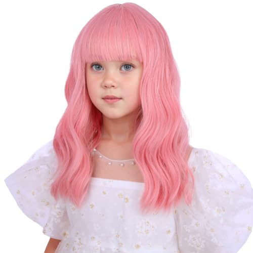 Image of Pink Wig with Air Bangs Short Lovely Pink Wavy Curly Wigs Light Pink Wig Synthetic Cosplay Hair Wig