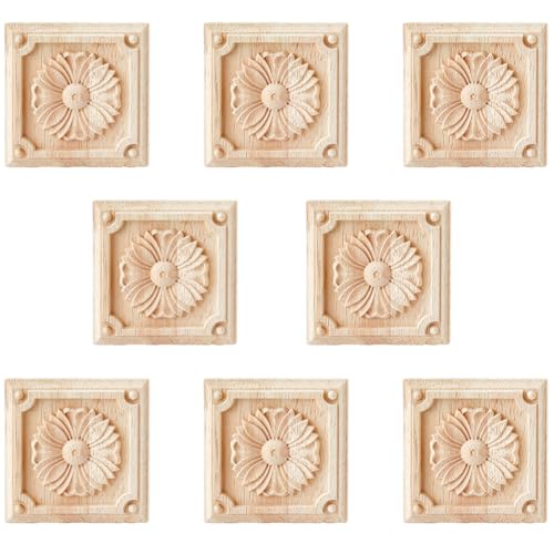 SUPERFINDINGS 8 Pièces Ensemble D Appliqués en Bois Sculpté Carré 81mm Fleur Décoratif 11mm d Épaisseur Teinté Bois Massif Décalcomanie Meuble pour...