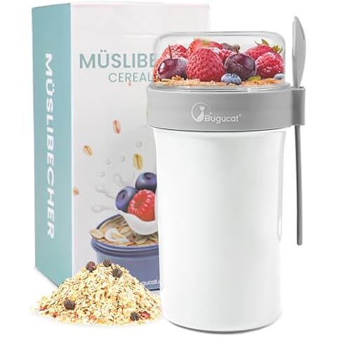 Bugucat Overnight Oats Jars 760ML + 230ML, Overnight Oats Container with Lid and Spoon, Leak-Proof yoghurt Cup＆Cereal Cup with Measurement Marks, Salad Storage Container for Milk Cereal Fruit White Cover