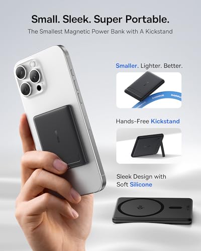 Image of Baseus Picogo Power Bank, Smallest Qi2 Certified 15W MagSafe Portable Charger, 0.5 inch Ultra Slim 5000mAh Magnetic Battery Pack with Stand, Alloy Wireless Charger for iPhone 17 Pro Max /17 Air /16 Series