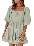 Dokotoo Womens Square Neck Mini Dress Tie Back Long Lantern Sleeve Ruffle A-Line Midi Dress Casual Shirred Elastic Waist Sexy Dress Grey Medium
