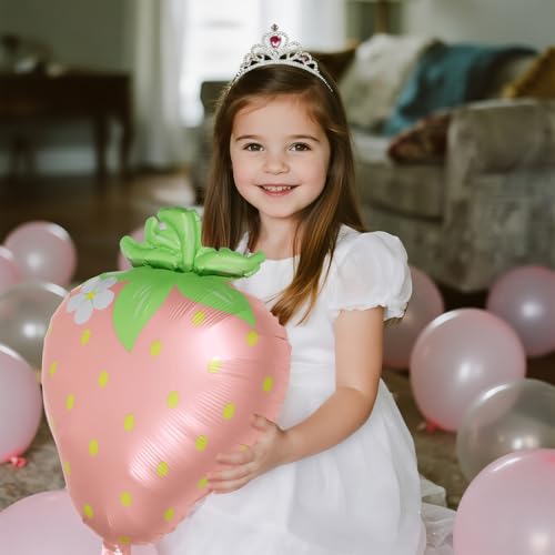 Image of Sweet Fruit Cartoon Strawberry Foil Balloon, Matte Pink Spring Summer Themed Picnic Berry Balloons For Baby Shower Wedding Valentine's Day Gender Reveal Birthday Party Decoration Supplies