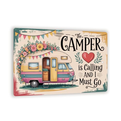 The Camper Is Calling Sign – Vintage Boho RV Wall Art 8x12
