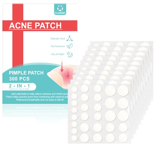 Soodyoow 300 PCS Parches Para Granos, Pimple Patches, Parche Absorbente de Granos, Parches Acne, Parche Hidrocoloide, Uso Diurno Y Nocturno En Uno, Enriquecido Con Aceite De Té Y Ácido Salicílico