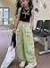 Nanasait Girl's Elastic High Waist Cargo Pants Wide Leg Trousers with Flap Pocket Light Green 150CM