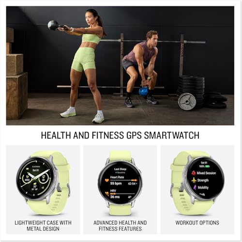 Image of Garmin Venu 4, 45mm, Advanced Health and Fitness GPS Smartwatch, Bright and Colorful Display, Built-in Flashlight, 12 Days of Battery Life, Silver with Citron Silicone Band