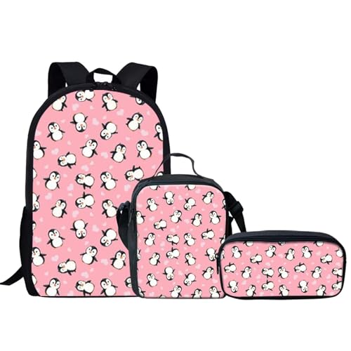 Cute Girls Cartoon Pink Penguin Backpack Set with Lunch Box Pencil Case,3Pcs Toddler Girls Preschool Kindergarten Backpacks Lightweight Kids School Bag Bookbag Set