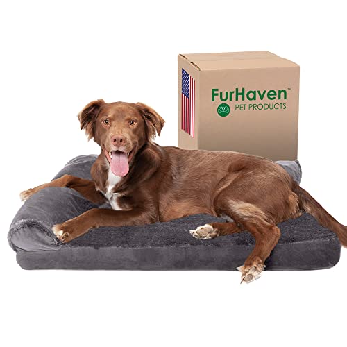 Image of Furhaven Cooling Gel Dog Bed for Large /Medium Dogs w / Removable Bolsters & Washable Cover, For Dogs Up to 55 lbs - Plush & Velvet L Shaped Chaise - Platinum Gray, Large