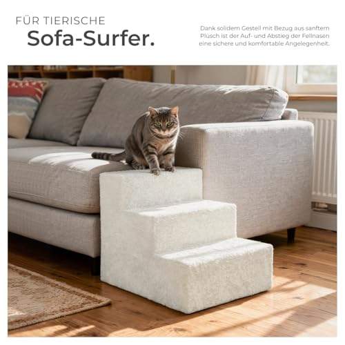 tectake® Hundetreppe oder Katzentreppe, Haustiertreppe, Einstiegshilfe mit waschbarem Bezug, extra Flache Treppenstufen, Tiertreppe für Sofa, Bett oder Auto (Sand, 37 x 45 x 34,5 cm, 3)