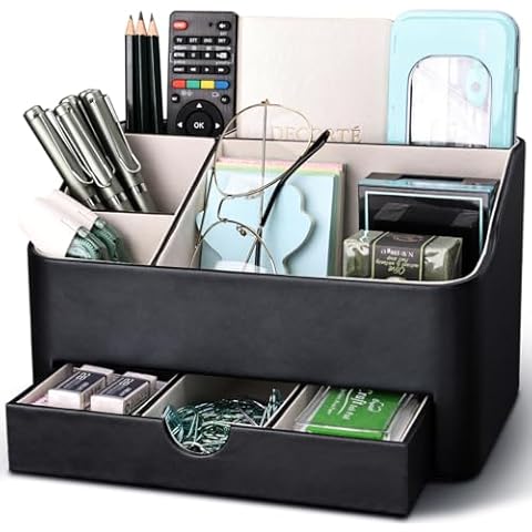 KINGFOM Desk Organizer with Drawer, Multifunction Pencil Holder for Desk, Desk Organizer and Accessories 5 Comparetments for Home Office Supplies (Black) Cover
