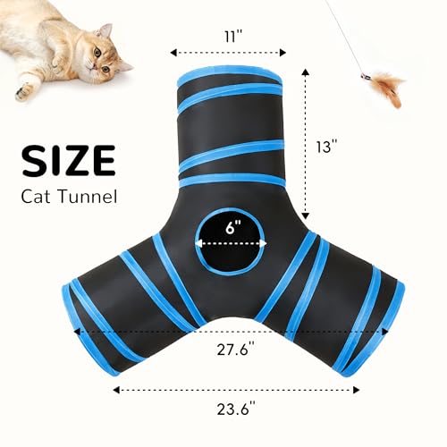 Image of Tempcore Cat Tunnel for Indoor Cats, 3 Way Collapsible Pet Play Tunnel with Teaser Wand, Peek Holes & Hanging Ball, Interactive Tube for Kittens & Rabbits, Black & Royal Blue
