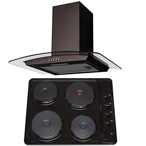 SIA 60cm Black 4 Zone Solid Plate Hob And Curved Glass Cooker Hood Extractor Fan